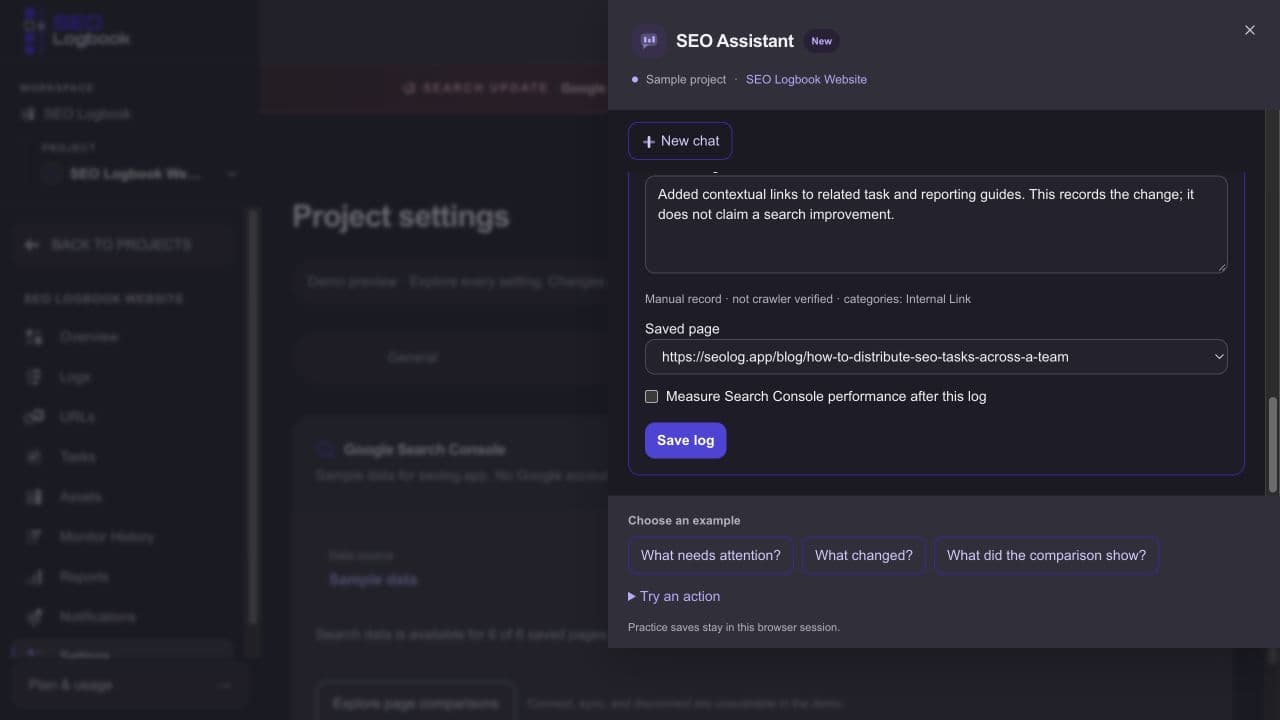 SEO Logbook demo log draft showing the saved-page selection, measurement option, and Save log button