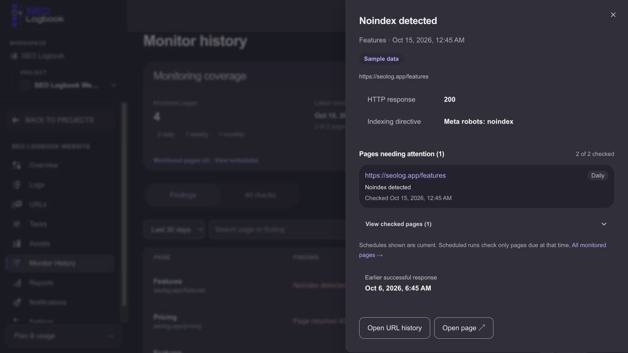 SEO Logbook demo showing a successful HTTP response alongside a detected noindex directive